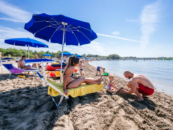 Strand mit Liegen und Sonnenschirmen auf dem Campingplatz Roan in der Ferienanlage Zaton.