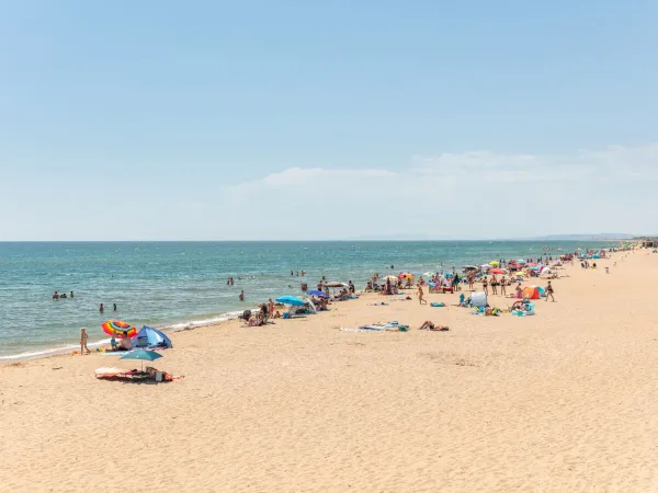 Belebter Sandstrand auf dem Campingplatz Roan Méditerranée Plage.