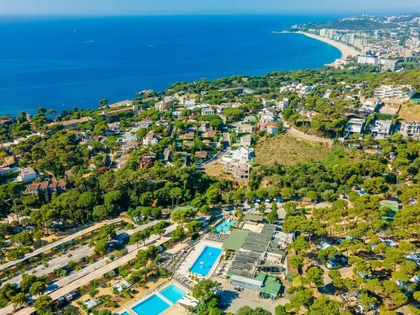 Drohnenaufnahme des Roan-Campingplatzes Cala Gogo und des Strandes.