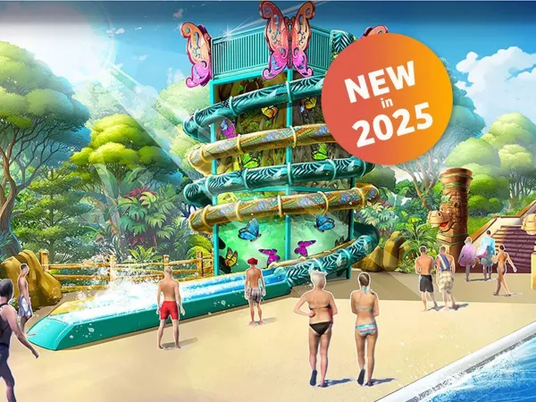 Neue Rutschen im neu gestalteten Schwimmbadkomplex 'Speedy Island' auf dem Campingplatz Roan Union Lido Mare.