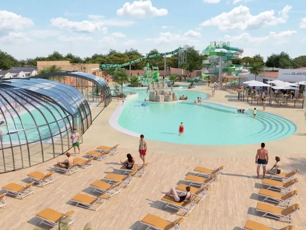 Überblick über das neue Schwimmbad im Jahr 2025 auf dem Campingplatz Le Domaine du Clarys in Roan.