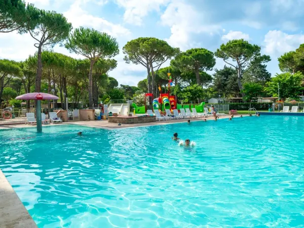 Schwimmbad mit Liegestühlen auf dem Campingplatz Roan Del Forte.