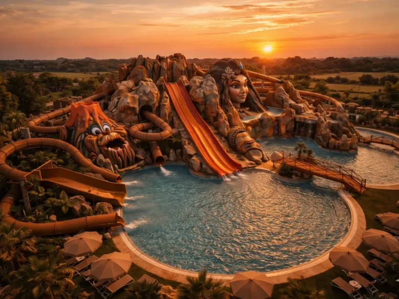 Impressionsbild des neuen Pools mit Rutschen im Jahr 2026 auf dem Roan Camping Tahiti.