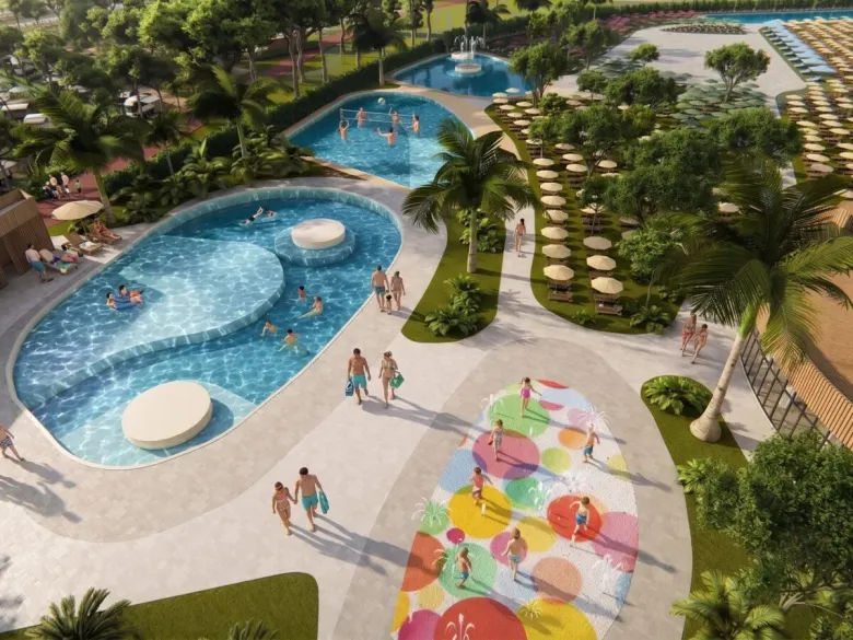 KI-generiertes Bild des Schwimmbadkomplexes auf dem Campingplatz „Roan“ im Delta Open Air Resort.