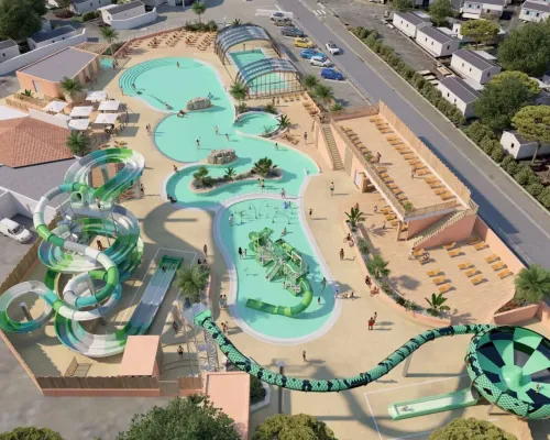 Luftaufnahme des Wasserparks Roan camping Le Domaine du Clarys. Neu im Jahr 2025!