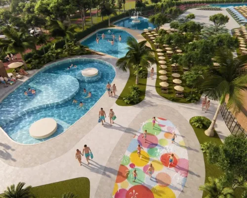 KI-generiertes Bild des Schwimmbadkomplexes auf dem Campingplatz „Roan“ im Delta Open Air Resort.
